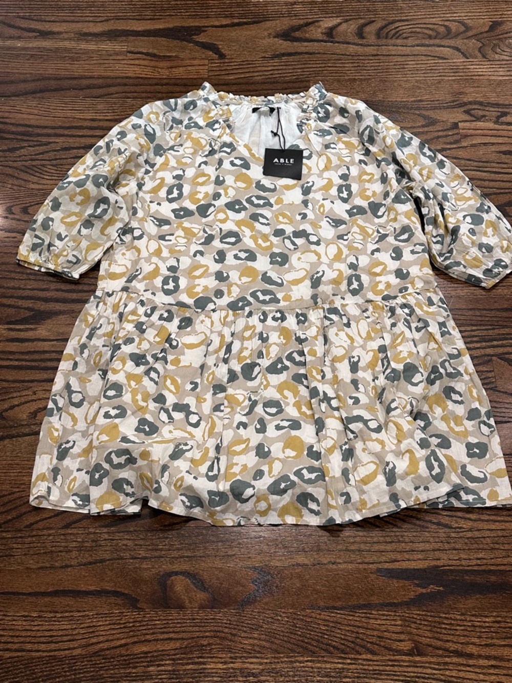 *ABLE Cream Tiered Peasant Dress with Yellow & Gray Print